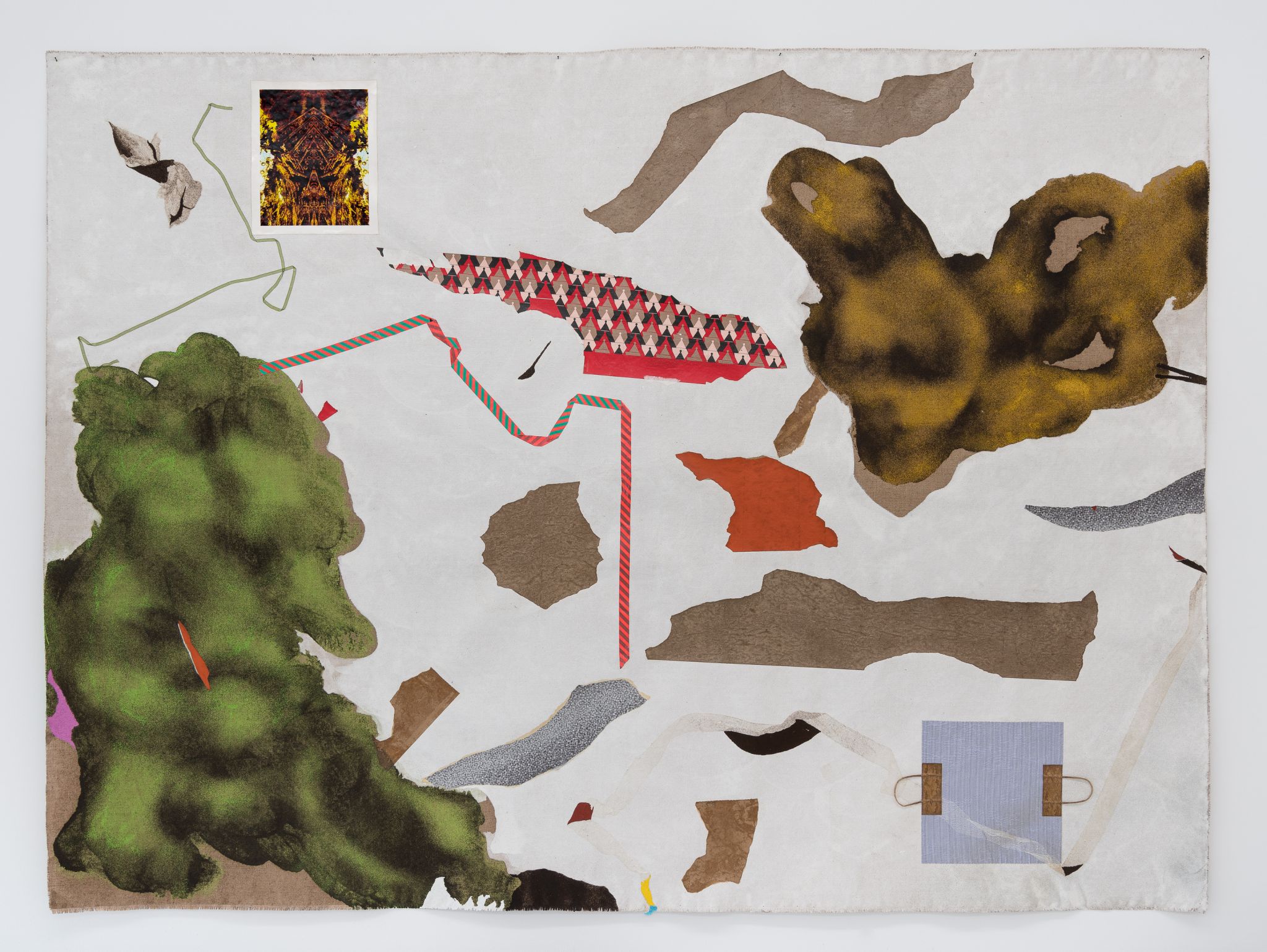 Francis Offman, <em>Untitled</em>, 2023-2024<br>Acrylic, paper, 100 juta, coffee grounds, Bolognese plaster on jute, 220 ⁠× ⁠297 ⁠cm