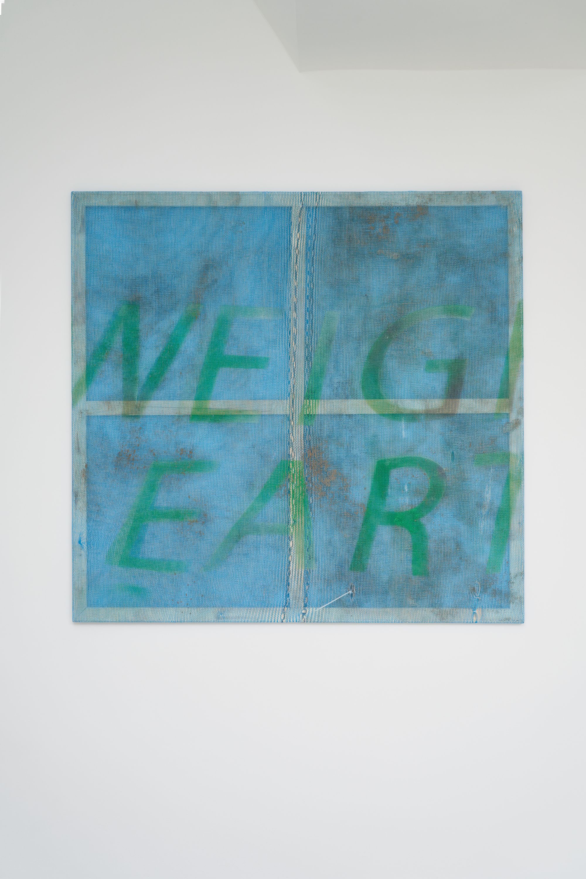 Gerry Bibby, Dust Jacket footnote 2 for DW. Weight of the Earth, 2023, Wooden stretcher, plastic scaffolding net, spray paint, dirt, 130 ⁠× ⁠140 ⁠× ⁠2 ⁠⁠cm