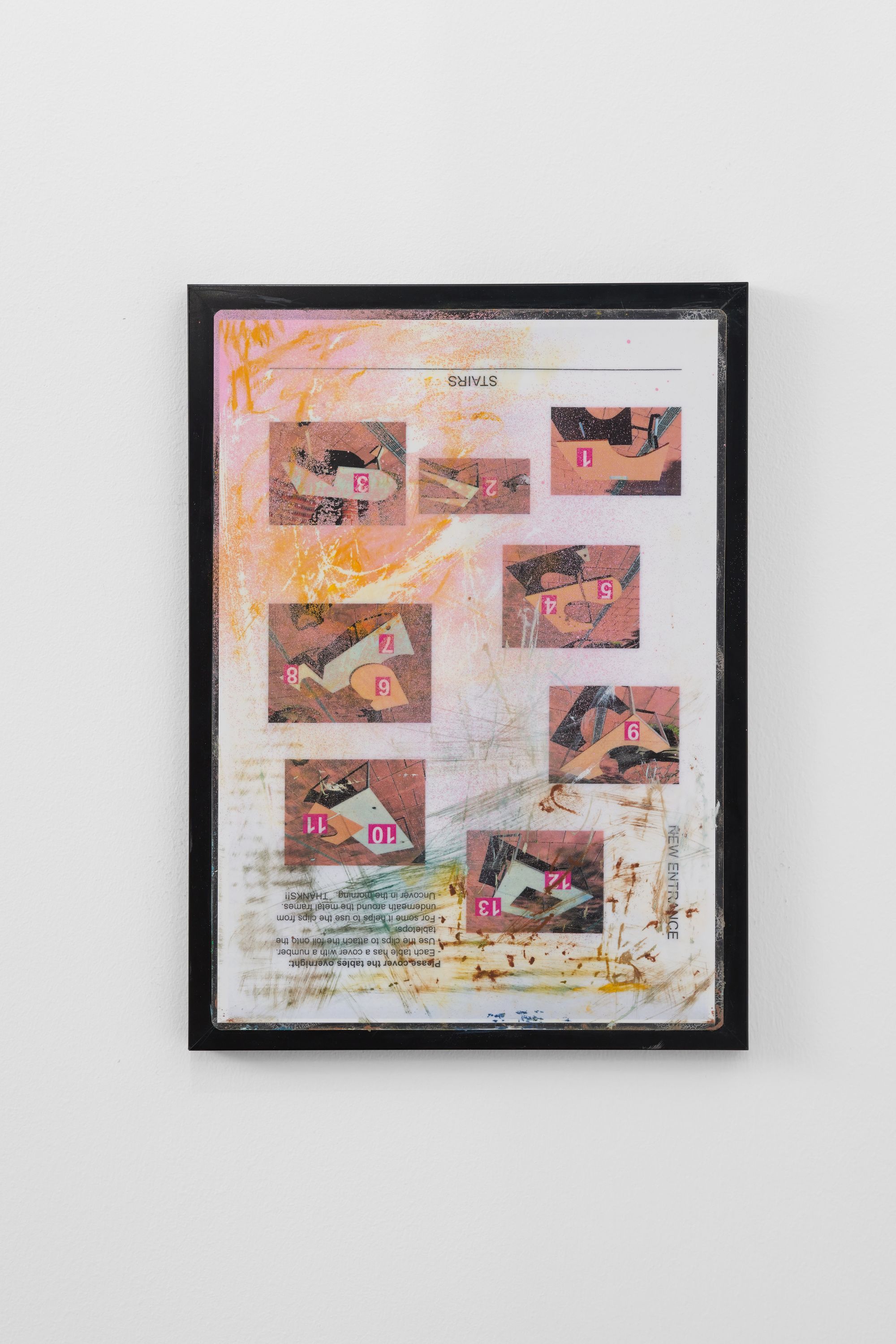 Gerry Bibby, Invitations footnote. Thanks Maintenance!, 2023, Found frame, lamented laser copy on paper, silicone, paint, oil pastel, marker, 32.5 ⁠× ⁠23.5 ⁠⁠cm